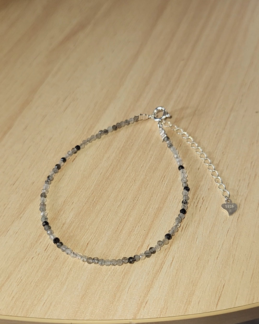 Black Rutilated Faceted Bead Bracelet | 925 Sterling Silver, Adjustable Fit