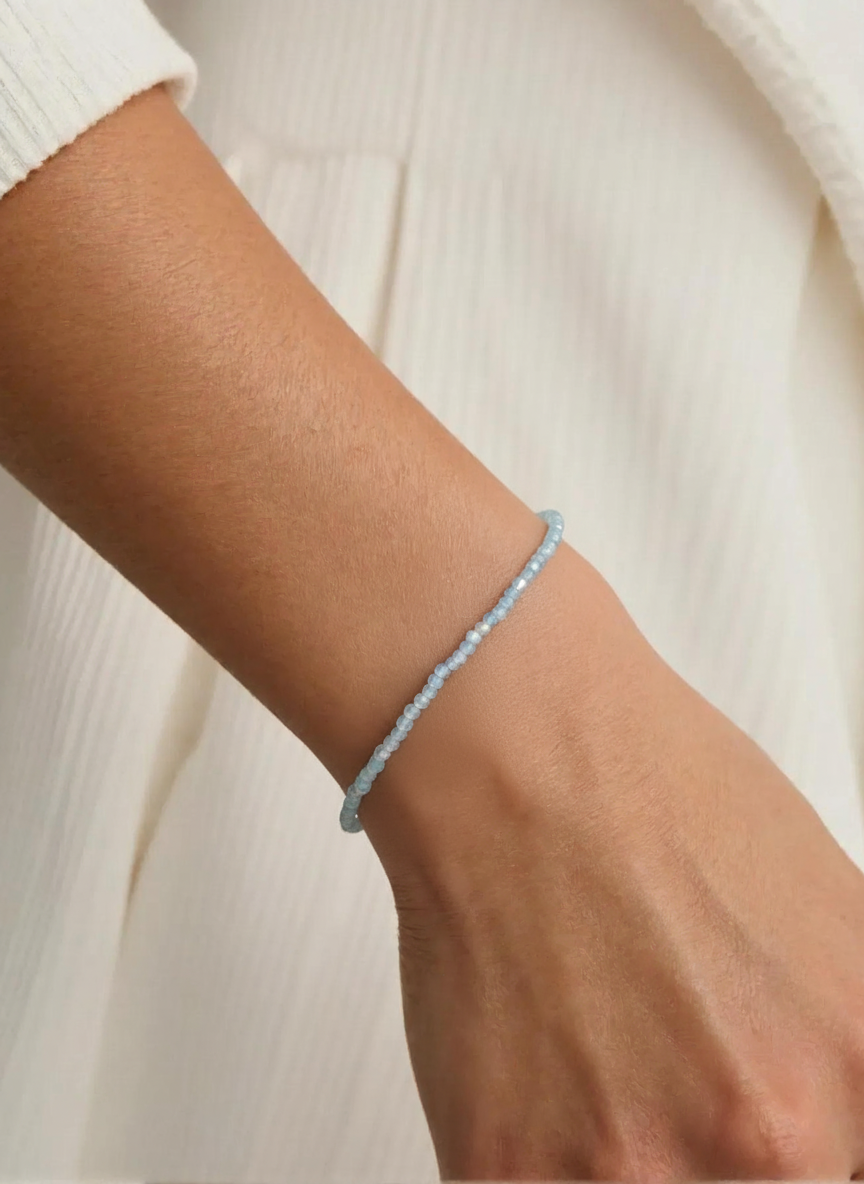 Aquamarine Faceted Bead Bracelet | 925 Sterling Silver, Adjustable Fit