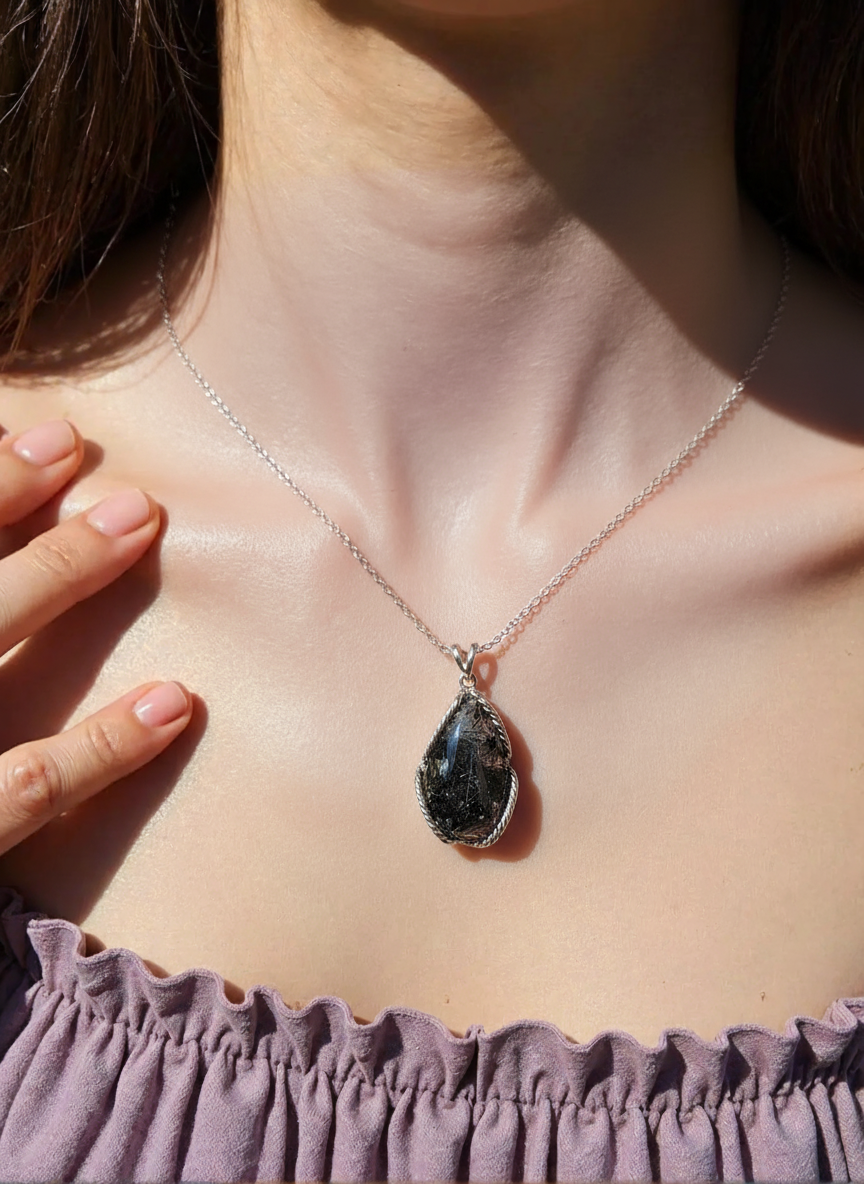 Black Rutilated Quartz Necklace Pendant | 925 Sterling Silver