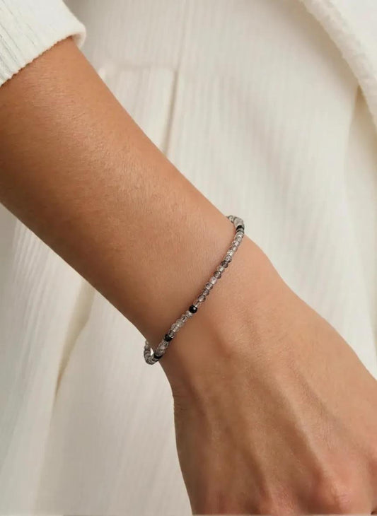 Black Rutilated Faceted Bead Bracelet | 925 Sterling Silver, Adjustable Fit