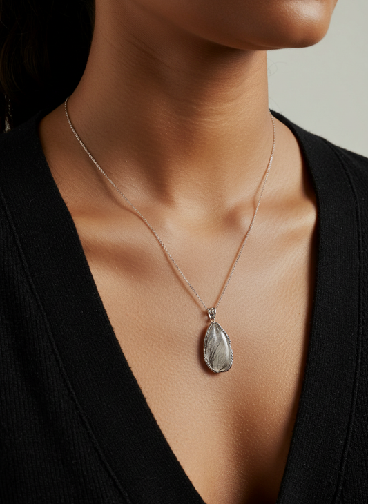 Black Rutilated Quartz Necklace Pendant | 925 Sterling Silver